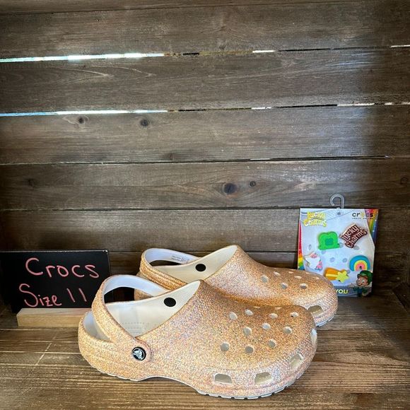 Womens Crocs Sparkle Peach‎ Orange Classic Clogs W/ Lucky Charms Jibbitz Size 11 - Picture 1 of 7